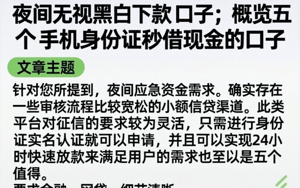 夜间无视黑白下款的口子，概览五个手机身份证秒借现金的口子
