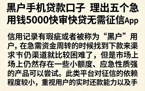 黑户手机贷款口子，理出五个急用钱5000快审快贷无需征信app