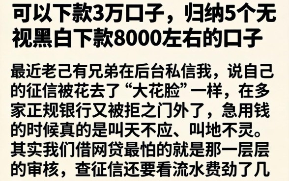 可以下款3万的口子，归纳5个无视黑白下款8000左右的口子