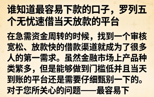 谁知道最容易下款的口子,罗列五个无忧速借当天放款的平台
