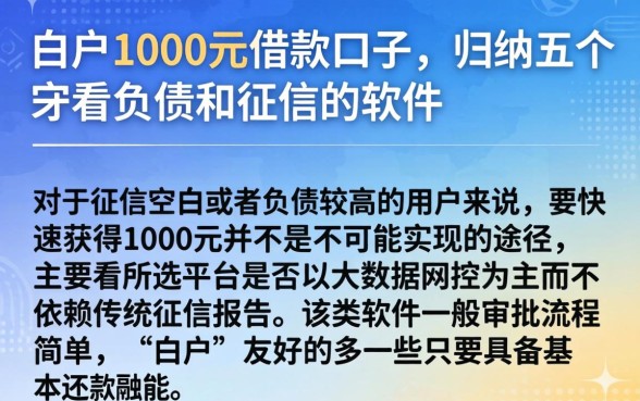 白户1000元借款口子,归纳五个不看负债和征信的软件
