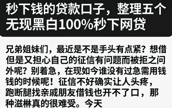 秒下钱的贷款口子，整理五个无视黑白100%秒下网贷