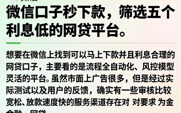 微信口子秒下款，筛选五个利息低的网贷平台