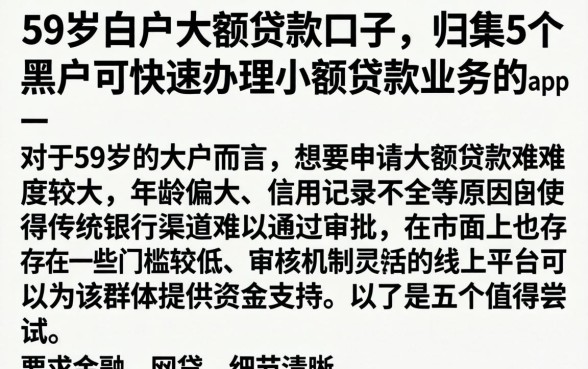 59岁白户大额贷款口子，归集5个黑户可快速办理小额贷款业务的app