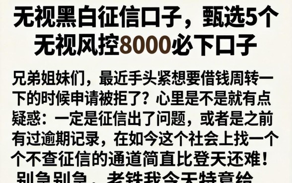 无视黑白征信口子,甄选5个无视风控8000必下口子