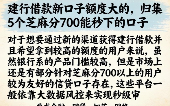 建行借款新口子额度大的，归集5个芝麻分700能秒下的口子