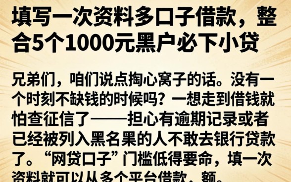 填写一次资料多口子借款，整合5个1000元黑户必下小贷