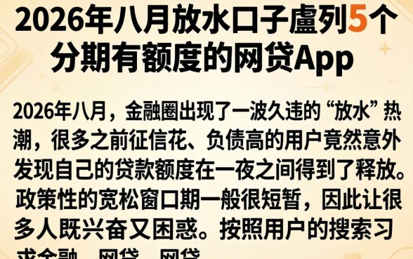 2026年八月放水口子，胪列5个分期有额度的网贷app