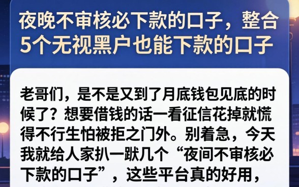 夜间不审核必下款的口子，整合5个无视黑户也能下款的口子