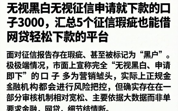 无视黑白无视征信申请就下款的口子3000，汇总5个征信瑕疵也能借网贷轻松下款的平台
