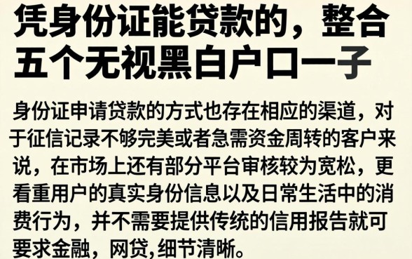 凭身份证能贷款的，整合五个无视黑白户口子