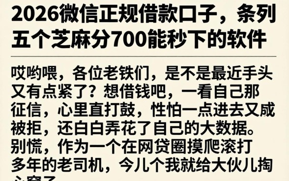 2026微信正规借款口子，条列五个芝麻分700能秒下的软件