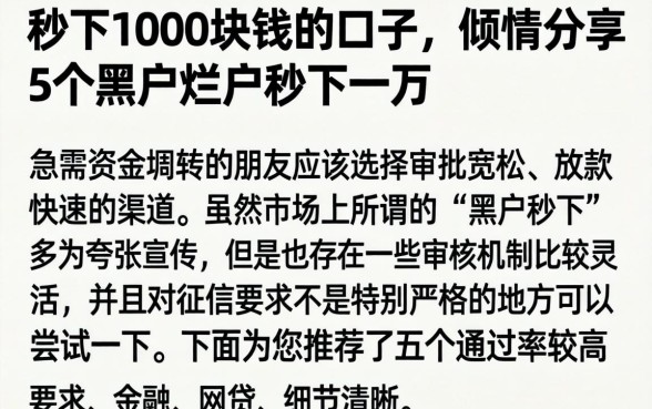 秒下1000块钱的口子，倾情分享5个黑户烂户秒下一万