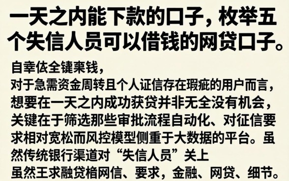 一天之内能下款的口子，枚举五个失信人员可以借钱的网贷口子