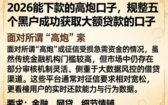 2026能下款的高炮口子，规整五个黑户成功获取大额贷款的口子