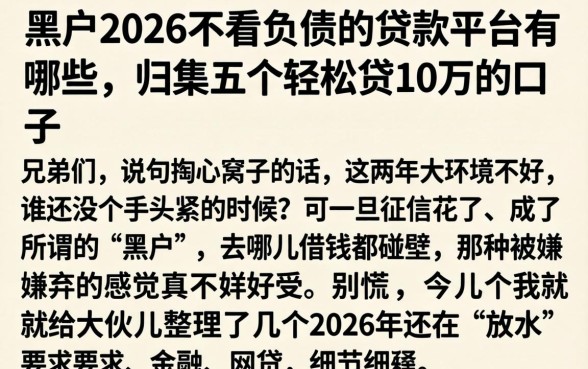 黑户2026不看负债的贷款平台有哪些，归集五个轻松贷10万的口子