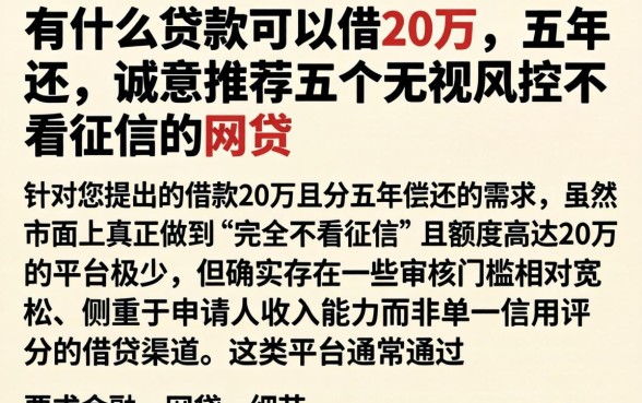 有什么贷款可以借20万 五年还，诚意推荐五个无视风控不看征信的网贷