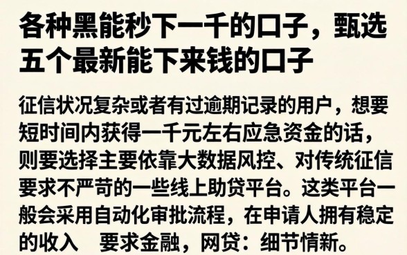 各种黑能秒下一千的口子，甄选五个最新能下来钱的口子