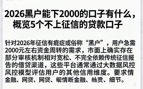2026黑户能下2000的口子有什么，概览5个不上征信的贷款口子