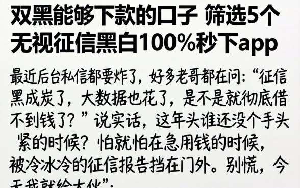 双黑能够下款的口子，筛选5个无视征信黑白100%秒下app