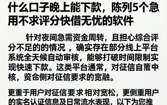什么口子晚上能下款，陈列5个急用不求评分快借无忧的软件