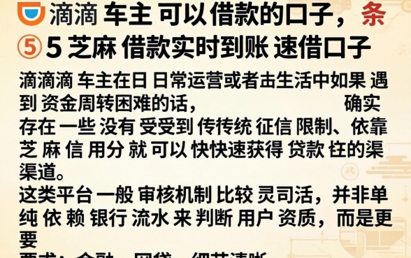 滴滴车主可以借款的口子，条列五个芝麻借款实时到账速借口子