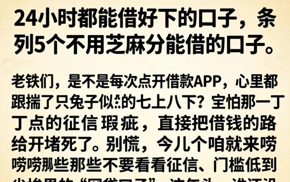 24小时都能借好下的口子，条列5个不用芝麻分能借的口子