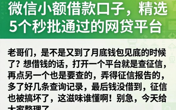 微信小额借款口子，精选5个秒批通过的网贷平台