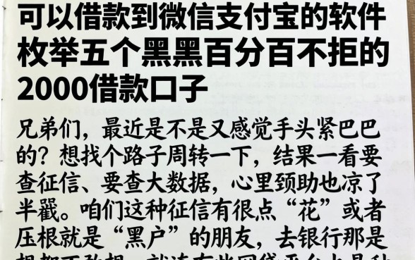 可以借款到微信支付宝的软件，枚举五个黑户百分百不拒的2000借款口子
