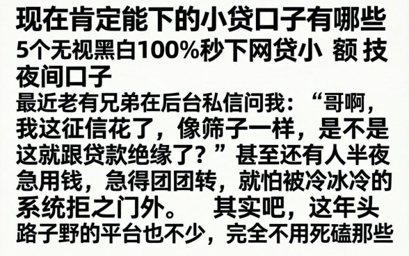现在肯定能下的小贷口子有哪些，细致阐述5个无视黑白100%秒下网贷小额夜间口子