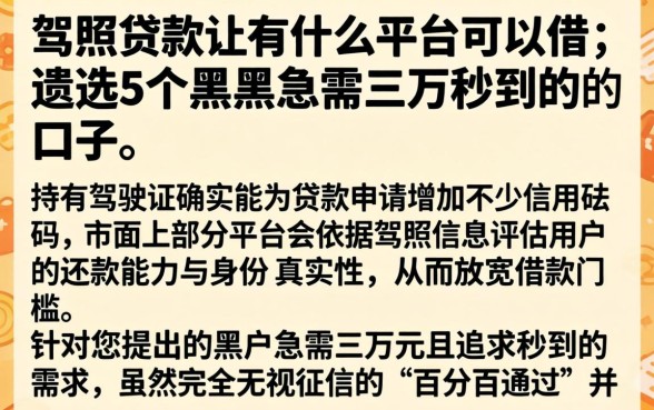 驾照贷款的有什么平台可以借，遴选5个黑户急需三万秒到的的口子