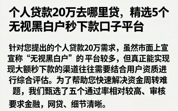 个人贷款20万去哪里贷，精选5个无视黑白户秒下款口子平台