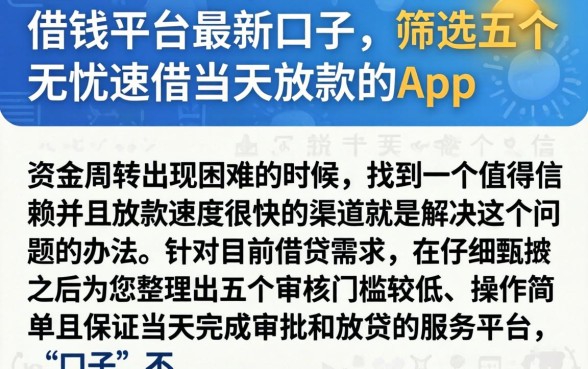 借钱平台最新口子，筛选五个无忧速借当天放款的app