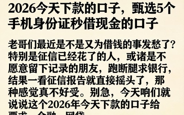 2026今天下款的口子，甄选5个手机身份证秒借现金的口子