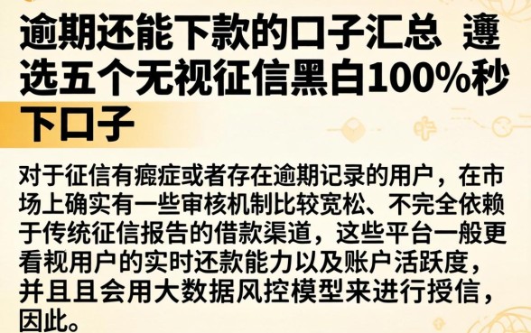 逾期还能下款的口子汇总，遴选五个无视征信黑白100%秒下口子