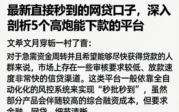 最新直接秒到的网贷口子，深入剖析5个高炮能下款的平台