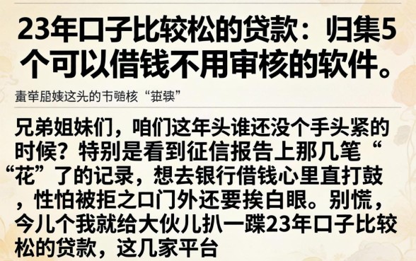 23年口子比较松的贷款，归集5个可以借钱不用审核的软件