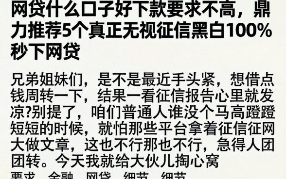 网贷什么口子好下款要求不高，鼎力推荐5个真正无视征信黑白100%秒下网贷