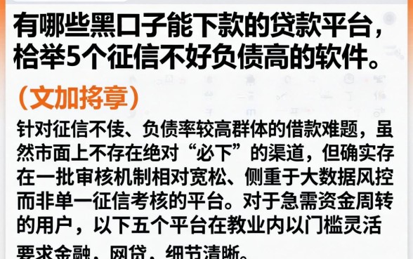 有哪些黑口子能下款的贷款平台，枚举5个征信不好负债高的软件