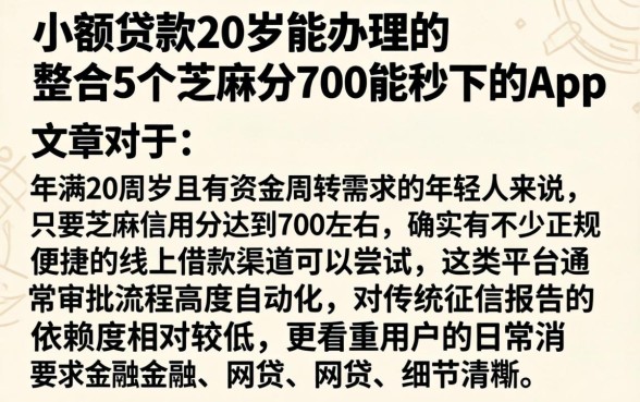 小额贷款20岁能办理的，整合5个芝麻分700能秒下的app