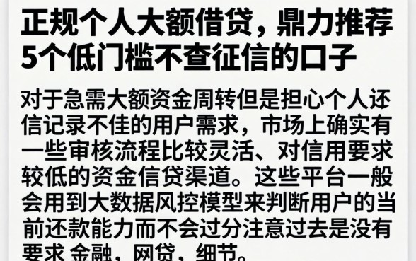正规个人大额借贷，鼎力推荐5个低门槛不查征信的口子