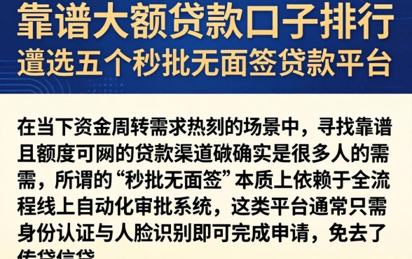 靠谱大额贷款口子排行，遴选五个秒批无面签贷款平台