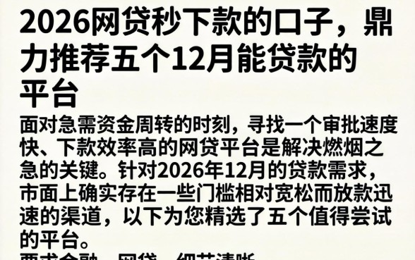 2026网贷秒下款的口子，鼎力推荐五个12月能贷款的平台