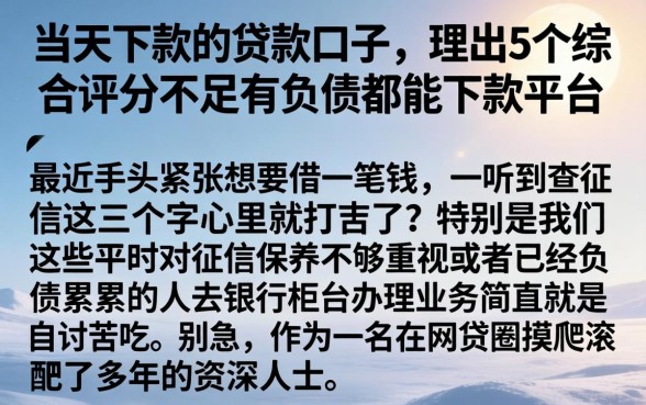 当天下款的贷款口子，理出5个综合评分不足有负债都能下款平台
