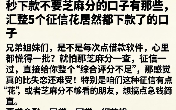 秒下款不要芝麻分的口子有那些，汇整5个征信花居然都下款了的口子