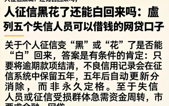 人征信黑花了还能白回来吗，胪列五个失信人员可以借钱的网贷口子