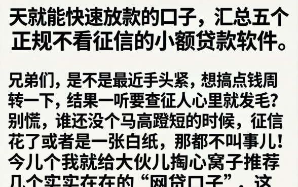 天就能快速放款的口子，汇总五个正规不看征信的小额贷款软件