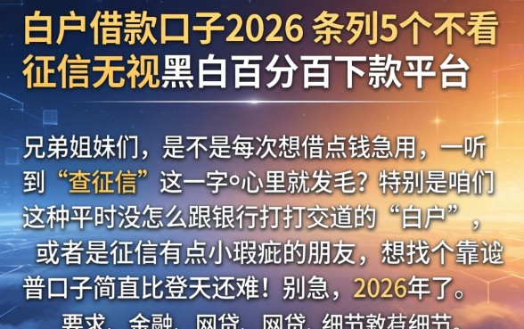 白户借款口子2026，条列5个不看征信无视黑白百分百下款平台