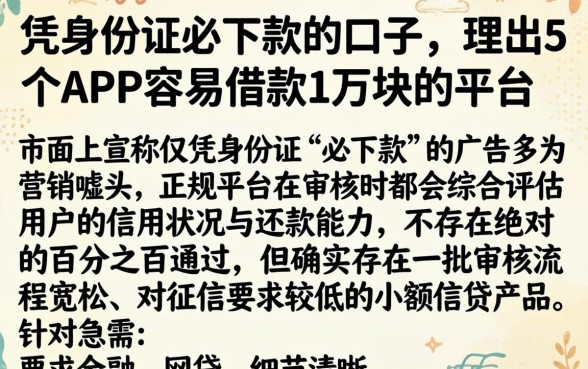 凭身份证必下款的口子，理出5个APP容易借款1万块的平台