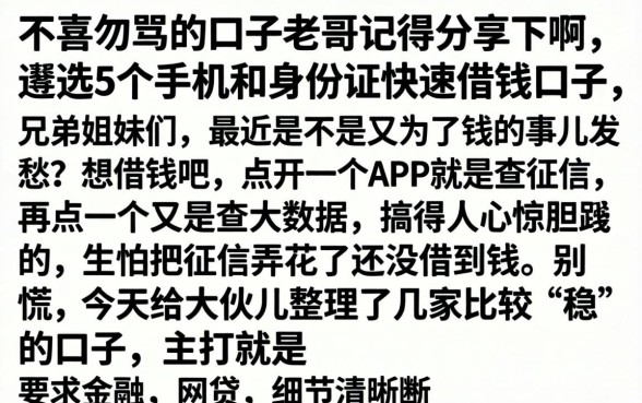 不喜勿骂的口子老哥记得分享下啊，遴选5个手机和身份证快速借钱口子